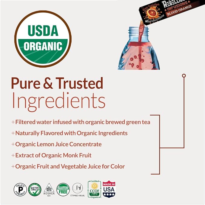 Rebellious Blood Orange Organic Drink Mix ??Organic Zero Calorie Energy Drink Mix | Monk Fruit & Green Tea Extract | L-Theanine + Natural Caffeine | 100% Plant-Based | Pack of 10 | Keto,Gluten-Free