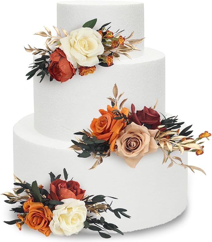 Rinlong 3Pcs Pre-made Cake Topper Cake Decorating Flowers for Cake Decor Boho Burnt Orange Fall Cake Flowers for Wedding Baptism Birthday Party Bridal Baby Shower