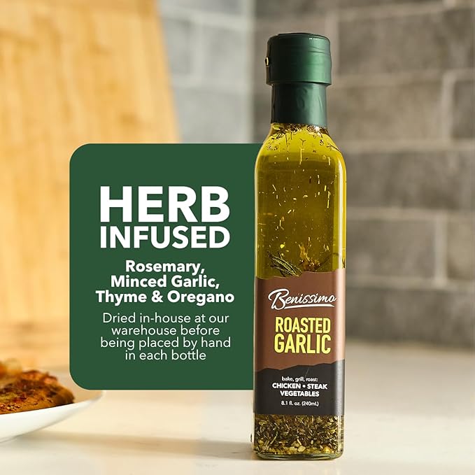 Benissimo Roasted Garlic Herb Infused Oil, All Natural Gourmet Cooking Oil with Slow-Roasted Garlic and Aromatic Herbs, Perfect for Sautéing, Dipping, Drizzling, 8.1 fl oz