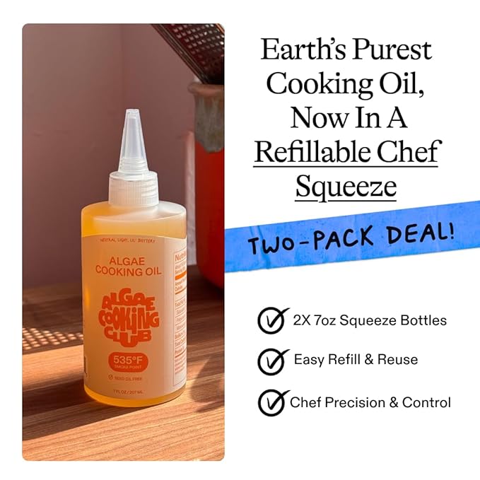 Algae Cooking Club Chef-Grade 100% Algae Cooking Oil 7oz Squeeze Bottles (2 Pack) ??High Smoke Point 535째F, Rich in Omega-9, Neutral Buttery Flavor, Seed-Oil Free, Perfect for Searing, Baking & Frying