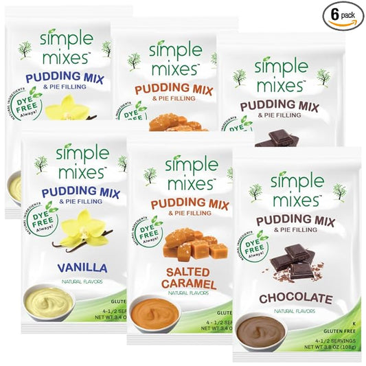 Simple Mixes Natural Instant Pudding & Pie Filling Mix Variety, Chocolate, Vanilla & Salted Caramel, Gluten and Dye-Free, No Fat, or Lactose, Kosher, Variety 6 Pack