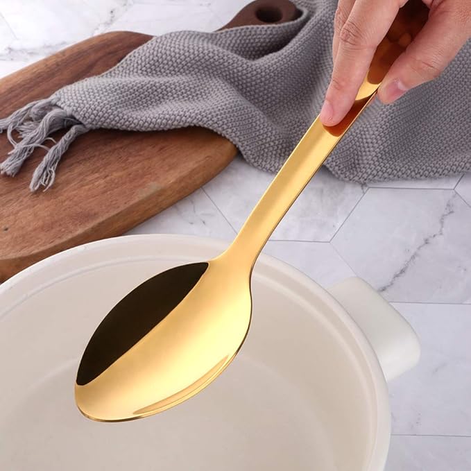 Stainless Steel Serving Spoons: Long Handle Flatware Set of 6 - Large Metal Kitchen Serving Tablespoons for Buffet Banquet 13-Inch Gold
