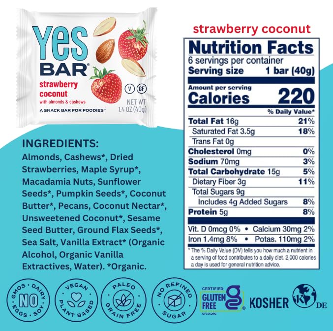The YES Bar ??Strawberry Coconut ??Plant Based Protein, Decadent Snack Bar ??Vegan, Paleo, Gluten Free, Dairy Free, Low Sugar, Healthy Snack, Breakfast, Low Carb, Keto Friendly (24 Count)