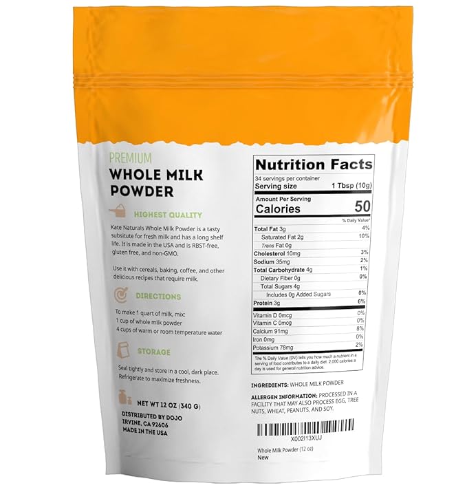 Kate Naturals Dry Whole Milk Powder for Baking, Coffee & Milkshakes (12oz) RBST-Free, Made in USA, Dried Powdered Substitute For Liquid Milk