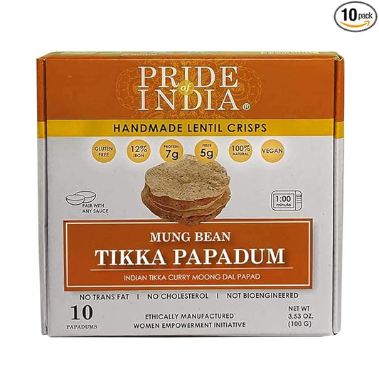 Pride Of India - Tikka Curry Mung Bean (Moong Dal) Papadum Lentil Crisp, 10 count (3.53oz - 100gm) - Instant Microwaveable Vegan Healthy Crackers | Tastes like Indian Curry Sauce | Mild Spice Level