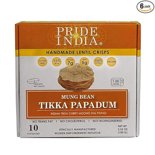 Pride Of India - Tikka Curry Mung Bean Papadum Lentil Crisp, Pack of 6-10 count (3.53oz - 100gm) - Instant Microwaveable Vegan Healthy Crackers | Tastes like Indian Curry Sauce | Mild Spice Level