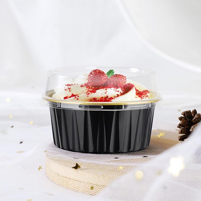 EUSOAR Disposable Creme Brulee Ramekins, 60pcs 5oz Cupcake Liners with Lids Aluminum Foil Baking Dessert Cups Holders, Mini Muffin Ramekins Cheesecake Pan for Catering Wedding Party Favor-Black Gold