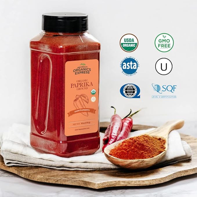 HQOExpress Organic Paprika ??Non GMO, Kosher, USDA Certified Organic Ground Paprika Powder ??Sweet and Mildly Spicy Seasoning for Soups, Chilis, Sauces and Stews, 18 oz. Chef Jar
