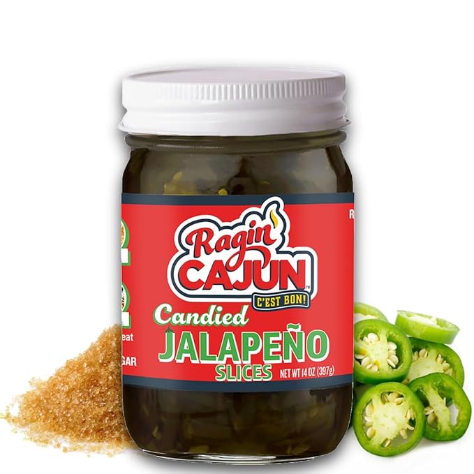 Candied Jalape챰o Slices 12 fl oz Ragin' Cajun Foods - Sweet and Spicy Pickled Peppers for Snacking, Sandwich Toppings, and Garnishes - Perfect for Adding Heat and Flair to Your Dishes (Pack of 2)