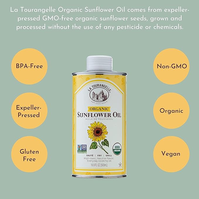 La Tourangelle, Organic High Oleic Sunflower Oil, Neutral Oil For Medium to High Heat Cooking and Skin Care, Non GMO, Pesticide and Chemical Free, 33.8 Fl Oz
