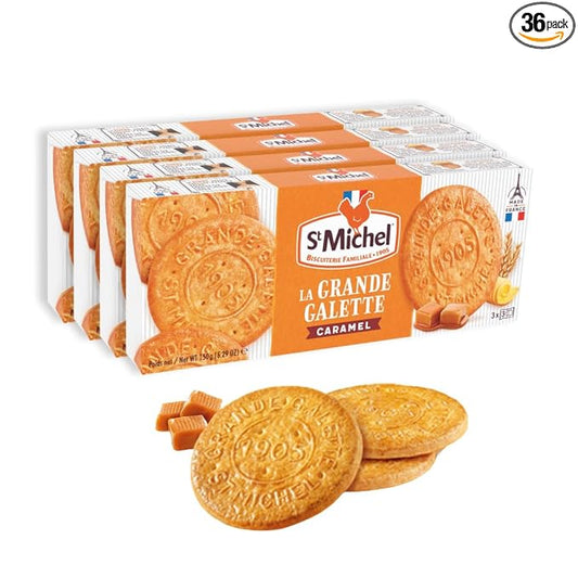 St Michel Caramel Grandes Galettes Butter Cookies Biscuits 5.29oz, Made In France, Pack of 4 Non-GMO total of 36 Butter Cookies
