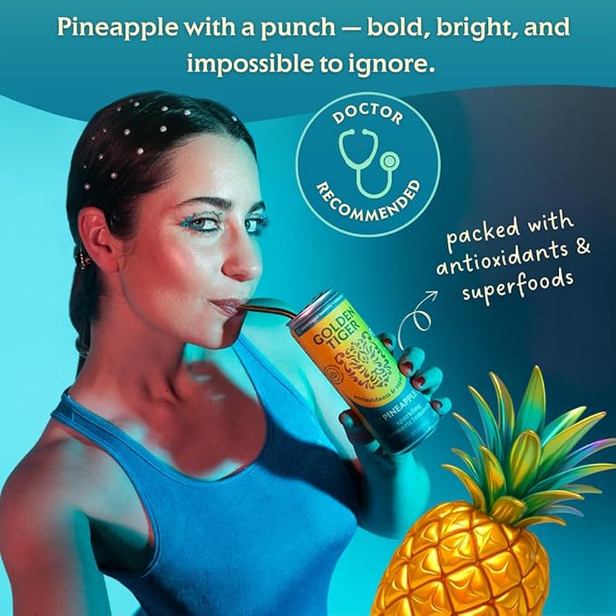 Golden Tiger Turmeric Sparkling Lemonade, Pineapple 12-Pack ??Curcumin & Ginger for Inflammation ??Sparkling Wellness Drink with Organic Superfoods + Antioxidants for Recovery, Immunity, Gut Health - 4g Sugar, 20 Calories