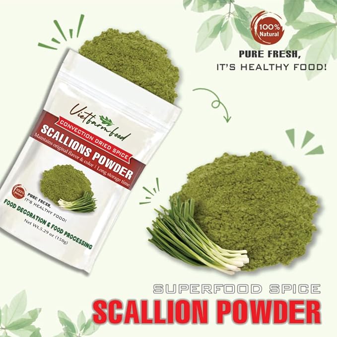 SCALLION POWDER 5.29 Oz (150g) VIETFARMFOOD: Pure, natural freeze-dried spice made from real vegetables and fruits - perfect for enhancing every meal, from cooking, baking, salads, soups, sauces