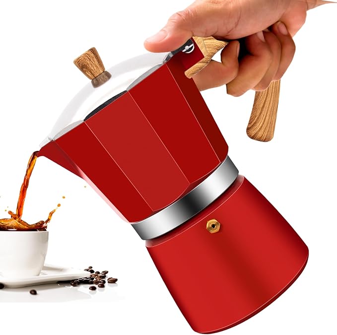 3 Cup Aluminum Moka Pot Classic Stovetop Espresso Coffee Maker 150ml 5oz Coffeemaker Percolator Mocha Pot Greca Coffee Maker Cafe Makers for Italian and Cuban Cafì±?Brewing Red