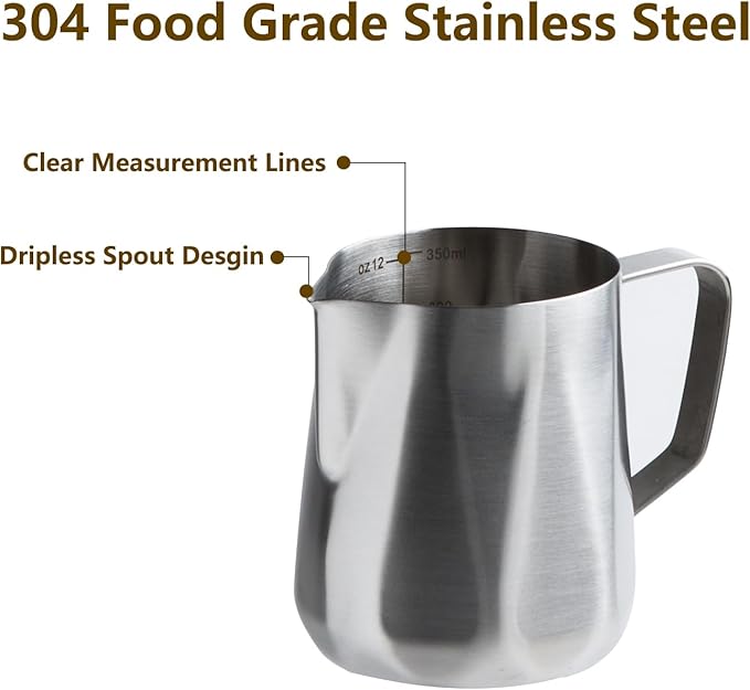 Milk Frothing Pitcher,350ml/600ml Milk Frother Cup Stainless Steel Kettle (12oz/20oz) Coffee Bar Cappuccino Espresso Machine Accessories Barista Tools (12oz)