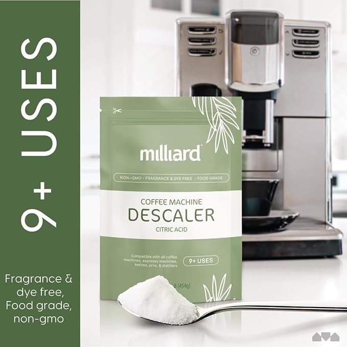 Milliard Descaler Powder - Coffee & Espresso Machine Descaling Cleaning Solution For Use With Keurig, Breville, Nespresso, Delonghi & More (1 lb, 9 Uses)