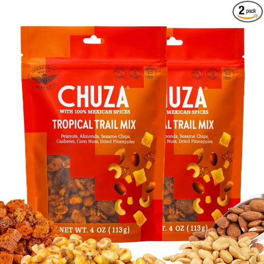 CHUZA Spicy Tropical Trail Mix ??Bold & Crunchy Snack with 100% Mexican Spices ??Peanuts, Almonds, Cashews, Sesame Chips, Corn Nuts & Dried Pineapples ??No Cholesterol, High Protein ??4 oz (Pack of 2)