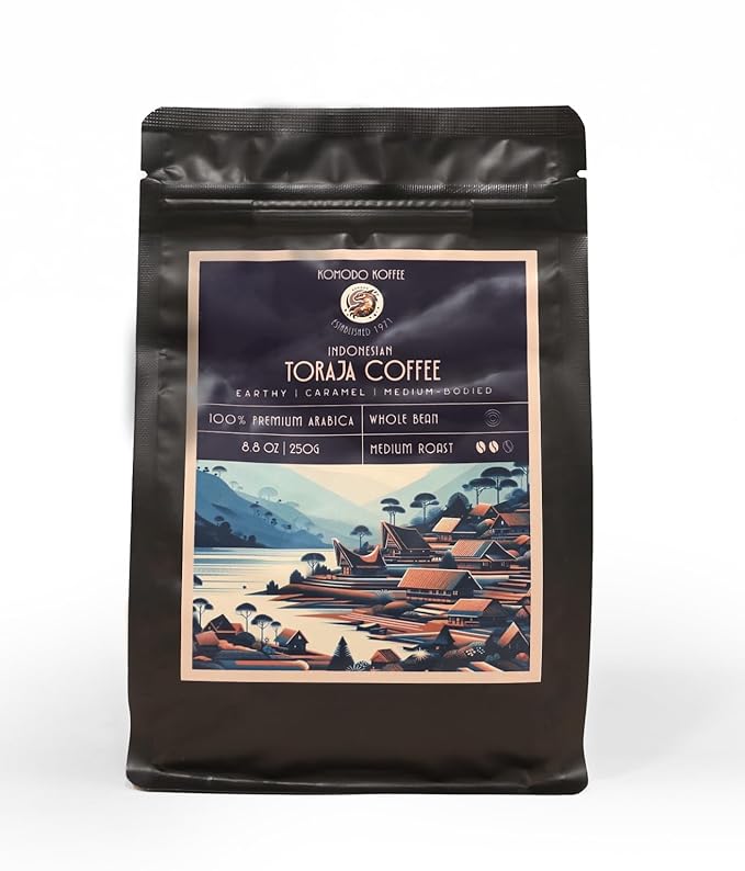 Komodo Koffee Organic Toraja Specialty Coffee sourced from Toraja, Indonesia - Whole bean - Medium Roast 8.8oz (250g)