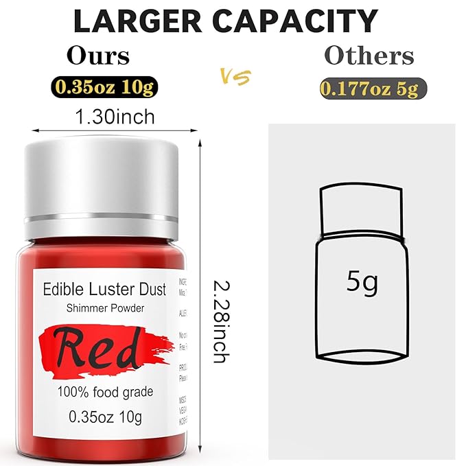 Red Luster Dust Edible Glitter for Cocktails ??10g Colaele Edible Shimmering Dust for Chocolates, Metallic Food Coloring Powder for Cake Decorating Edible Glitter for Drinks, No Gluten,Vegan