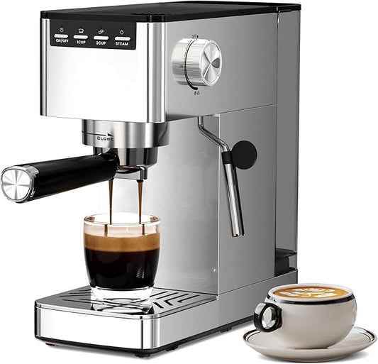 20 Bar Espresso Machine with Milk Frother, Semi-automatic Compact Coffee Maker with Steam Wand for Cappuccino/Latte, 42oz Removable Water Reservoir, Ideal for Home/Office, Stainless Steel