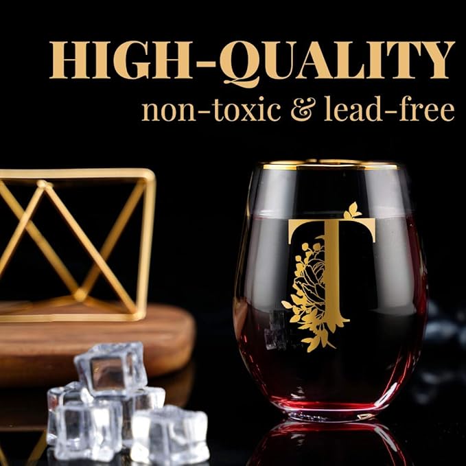 Onebttl Unique Stemless Wine Glasses, Initial Wine Cup for Red or White Wine - 18oz, Monogrammed, Gold - for Women, Girls, Female, Her, Friends, Coworkers, Clients - for Birthday, Christmas