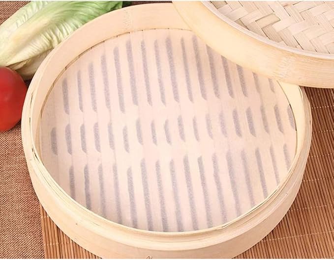 150pcs Air Fryer Liners, 9 inches Bamboo Steamer Liners, Premium Perforated Parchment Steaming Papers, Non-stick Steamer Mat Liner for Air Fryers Baking Cooking Oven
