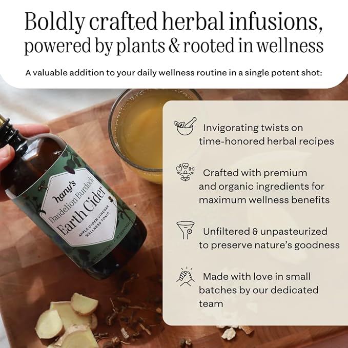 Hany's Harvest Dandelion Burdock Earth Cider ??8 fl oz | All-Natural Wellness Tonic, Apple Cider Vinegar | Non-GMO, Gluten-Free, Handcrafted
