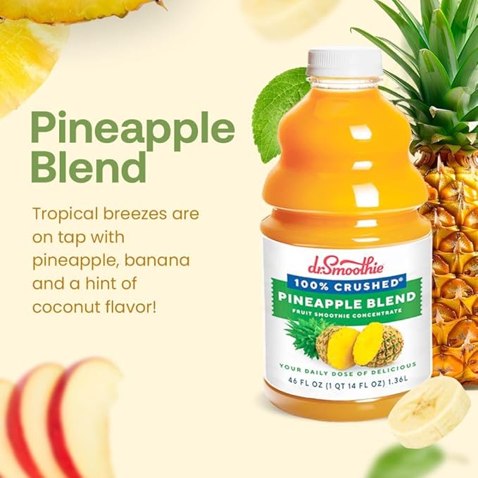 Dr. Smoothie 100% Crushed Pineapple Blend ??No Added Sugar, Made with Real Fruits/Fruit Juice ??Vegan, No Artificial Colors or Flavors ??Tropical Pineapple, Banana, Hint of Coconut ??46 oz Bottle