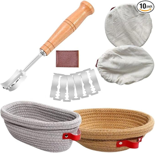 Bread Proofing Basket Set- Round 9 inch & Oval 10 inch Bannetons with Cotton Liners,Bread Lame +5 Blades Ideal for Artisan Sourdough Baking