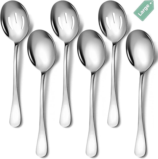 Stainless Steel Serving Spoons Set, 6pc, 10-Inch, Includes 3 Large, 3 Slotted, for Parties/Kitchen/Buffet/Catering, Dishwasher Safe