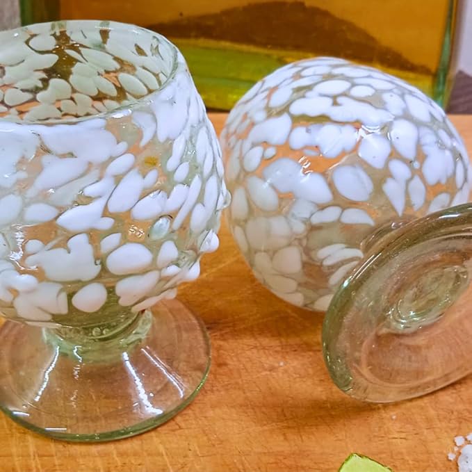 Authentic Mexican Tequila Hand Blown Shot Glasses - Set of 4-2 oz - Mini Glass Snifters - Heavy Base - Cognac (White Confetti)