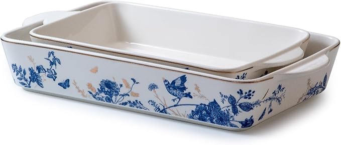 Baking Pans Set of 2 Blue flower 14 inch Ceramic for Oven Large Casserole Baking Dish Set with Handles Porcelain Bakeware Sets Casserole Dish for Oven/Cooking/Kitchen/Cake Dinner