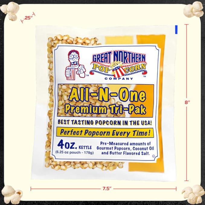 4oz Popcorn Machine Popcorn Packets - All-in-One Movie Theater Style Popcorn Kernels, Salt, and Oil Packs by Great Northern Popcorn (24 Case)