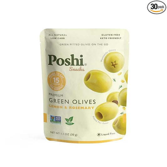 Poshi Green Pitted Olives | Lemon & Rosemary | Vegan, Kosher, Gluten Free + Keto Friendly, Fresh, All Natural Low Calorie Healthy Snacks | (30 Pack, 1.1oz Bags)