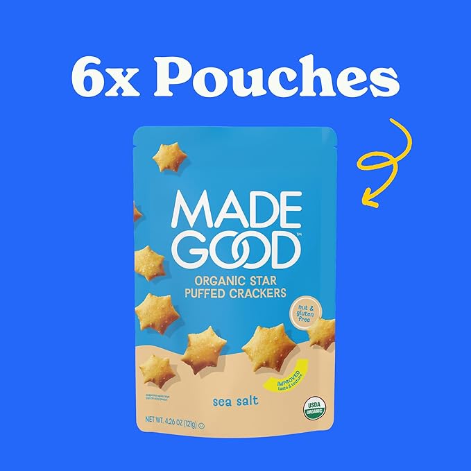 MadeGood Star Puffed Crackers, Sea Salt, 6 Bags (4.26oz Each) Gluten Free and Organic, Healthy Snacks