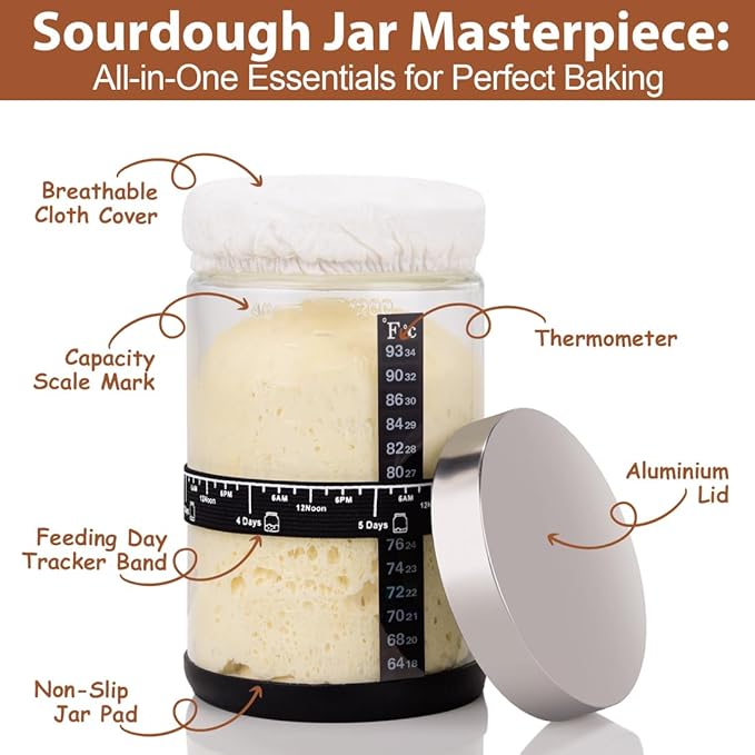 40oz Large Sourdough Starter Jar Glass Kit Wide Mouth with Black Silicone Spatula, Aluminum Lid, Cloth Cover, Date Marked Band, Thermometer (#1p 40oz with Black)