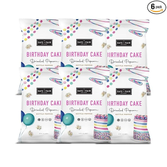 Safe + Fair Birthday Cake Drizzled Popcorn - Gluten-Free, Dairy Free and Vegan Snack - Free From Top 9 Allergens and Artificial Ingredients ??Non GMO, Plant Based Kettle Popped Corn, 5.5oz, 6 Pack
