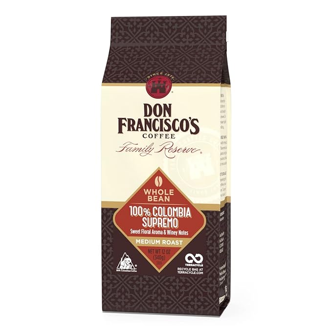 Don Francisco's Colombia Supremo Whole Bean Coffee, Medium Roast ??100% Arabica,12 oz Bag, Premium Coffee for Drip, Pour Over & French Press