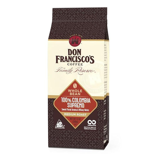 Don Francisco's Colombia Supremo Whole Bean Coffee, Medium Roast ??100% Arabica,12 oz Bag, Premium Coffee for Drip, Pour Over & French Press