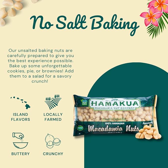 Hamakua Macadamia Nuts - No Salt Baking Macadamias (1.25 lb) - Natural Eco-Friendly Large Hawaiian Grown Dry Roasted Half and Whole Macadamias