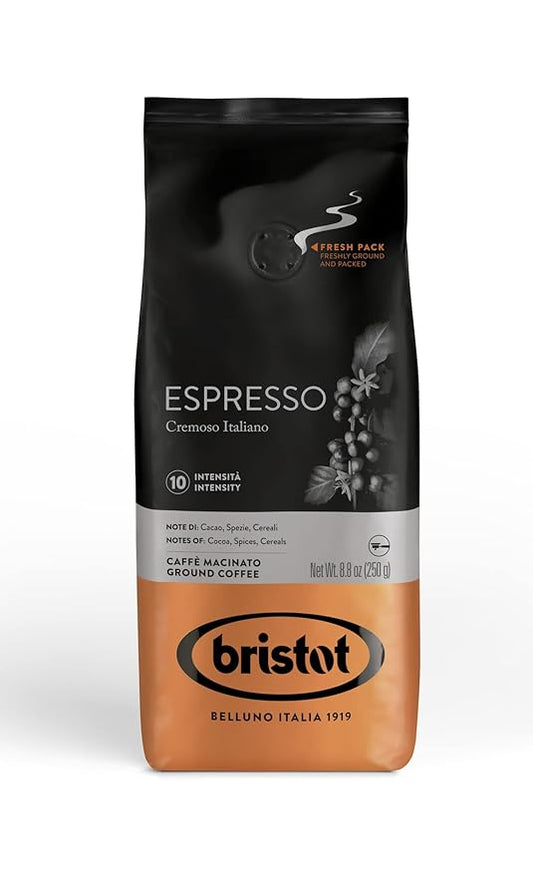 Bristot Espresso Cremoso Italiano Ground Coffee ??Medium Roast, Rich & Smooth ??8.8oz (250g) Bag ??Italian Ground Espresso for Home Machines