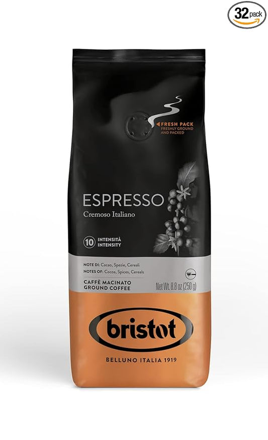 Bristot Espresso Cremoso Italiano Ground Coffee | Italian Espresso | Medium Roast | 32 Bags (Rebranded)