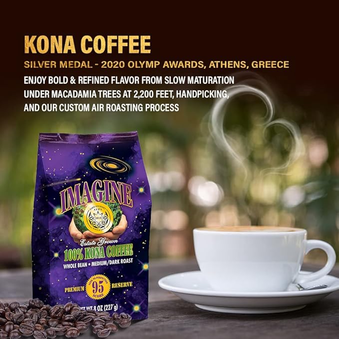 Imagine Kona Organic Coffee Beans | Arabica Kona Beans | Top Grade Air Roasted | Medium Dark Roast | Organic Whole Bean - 8oz