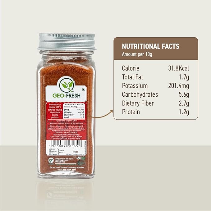 Geo-Fresh Organic Cayenne Pepper Powder, 1.76 oz (50g) ??Spicy & Aromatic Cayenne Chili Powder Organic ??Pure Ground Red Pepper Powder ??USDA Certified Organic ??Non-GMO ??Kosher ??Gluten-Free ??Product of India