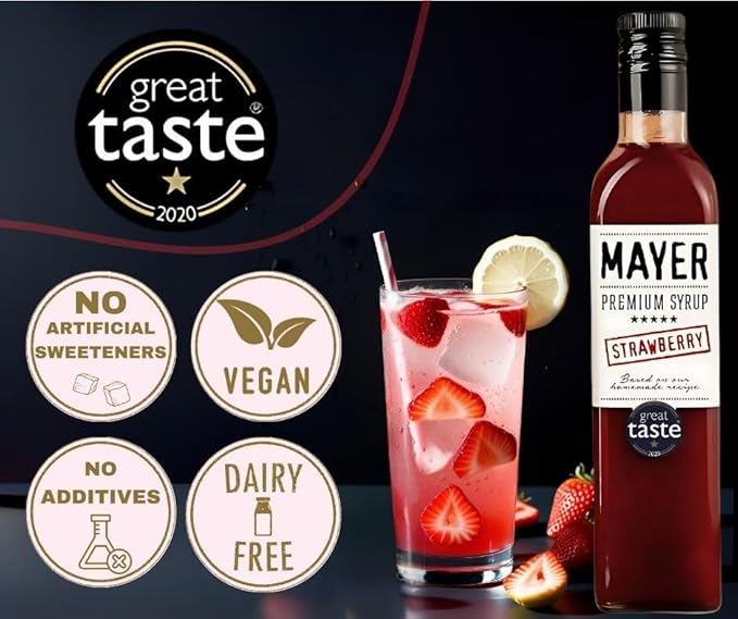 Mayer Premium Hungarian Strawberry Syrup ??Award-Winning Artisan Fruit Syrup, All-Natural, Over 50% Real Strawberries, Vegan, Gluten-Free ??Perfect Coffee Syrup & Dessert Topping (2 Pack)