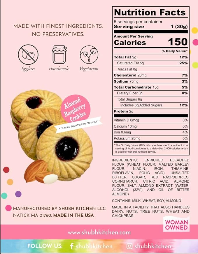 Classic Almond Raspberry Cookies- Gourmet Jam-Filled Linzer Cookies, 100% Egg-Free & Vegetarian, Handmade with Almond Shortbread & Real Raspberry Jam, No Preservatives, 6 oz Pack