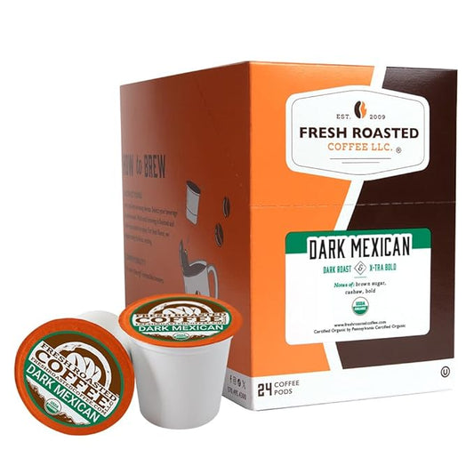 Fresh Roasted Coffee, Organic Dark Mexican | Mold & Myco 3rd Party Tested, USDA Organic, Kosher | Dark Roast 24 Pods for K Cup Brewers