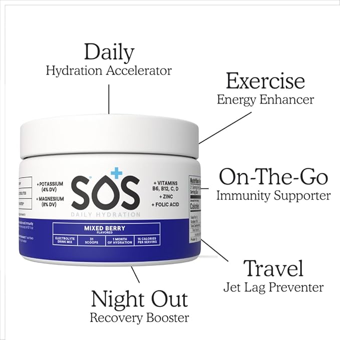 SOS Hydration Electrolyte Drink Mix (31 Servings) ??Low Sugar, 15 Calorie, Keto-Friendly & Rapid Rehydration (31 Servings, Mixed Berry)
