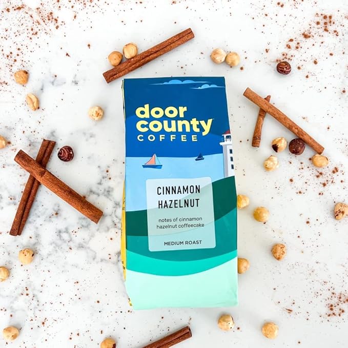 Door County Coffee Cinnamon Hazelnut DECAF Flavored - 10oz Bag - Ground Medium Roast -100% Arabica - Cinnamon Hazelnut DECAF