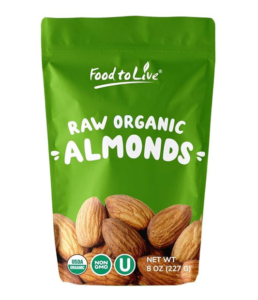 Food to Live - Organic Imported Raw Almonds, 8 Ounces Non-GMO, Whole, Raw, No Shell, Unpasteurized, Unsalted, Vegan, Kosher, Bulk.